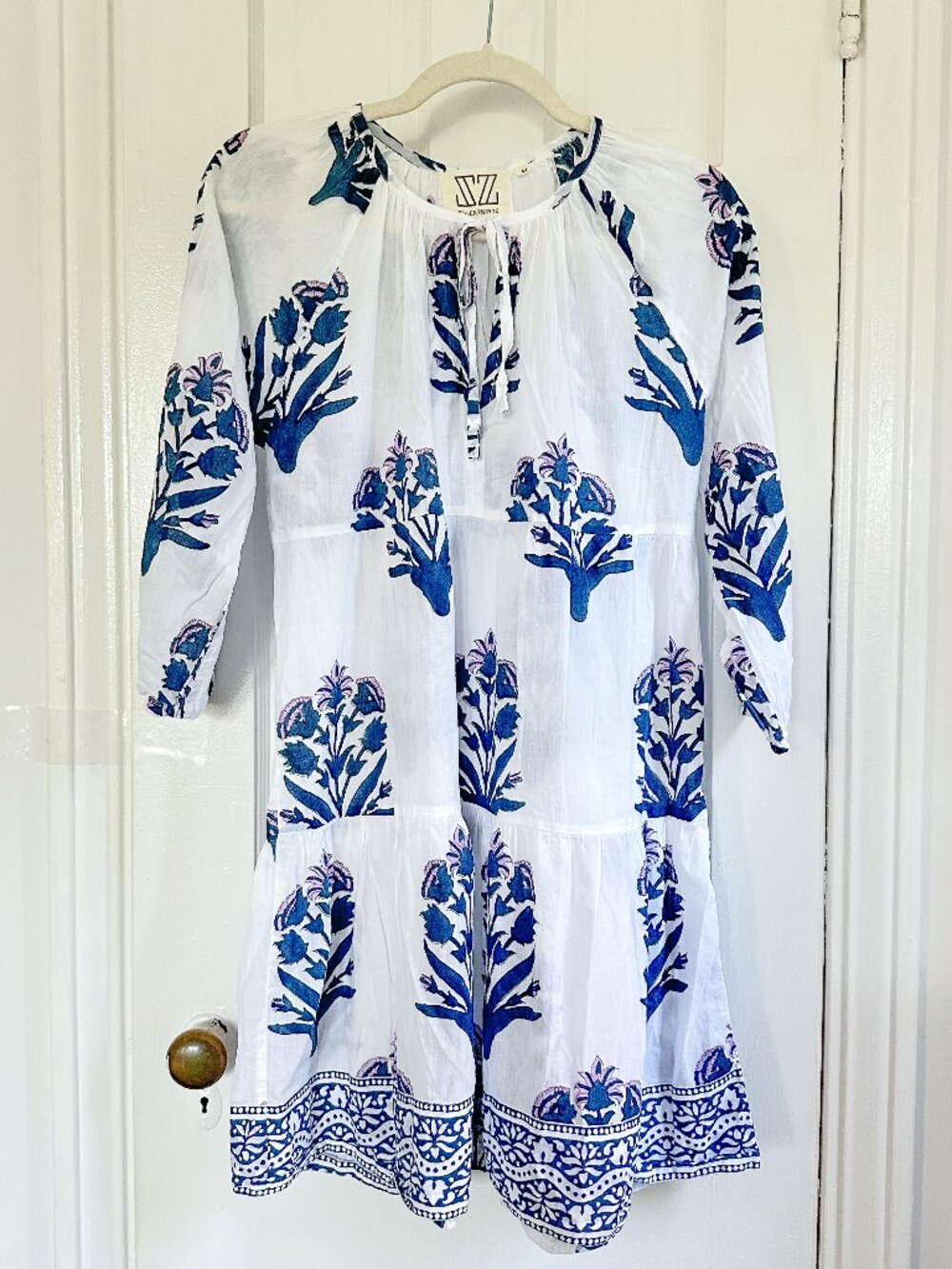 SZ Blockprints White and Blue Floral Printed Priya Dress - Size Medium